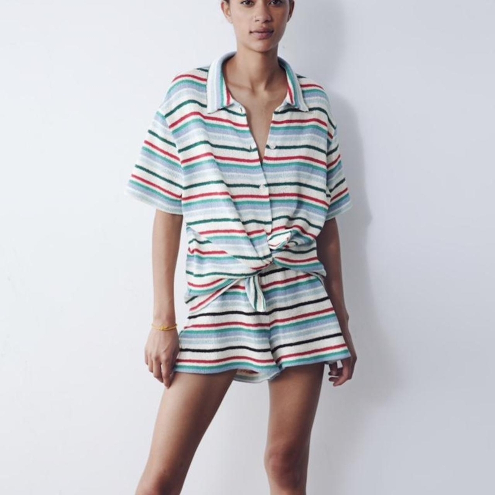 Zara Striped Knit Button Down Short Sleeve Top Size Large